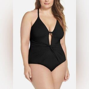 La Blanca Deep V Plunge One Piece Bathing Swim Suit Black Plus Size 18W
